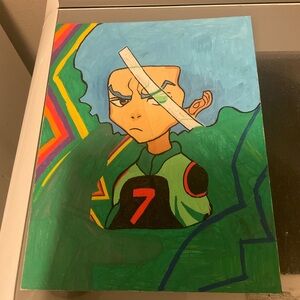 Abstract Character Art Canvas with Blue and Green Accents